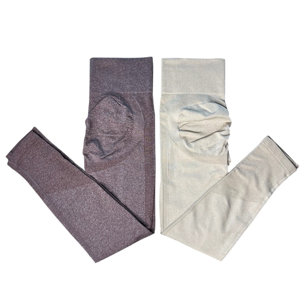 Two Pairs Seamless Basic Yoga Legging High Waist Bubble Butt Brown/Beige, Medium